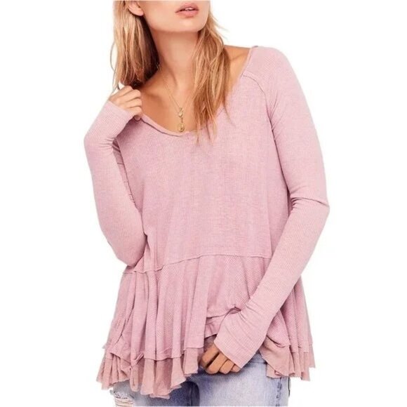Free People Pale Pink Mauve Ruffled Hem Long Sleeve Tunic Top - Picture 5 of 16